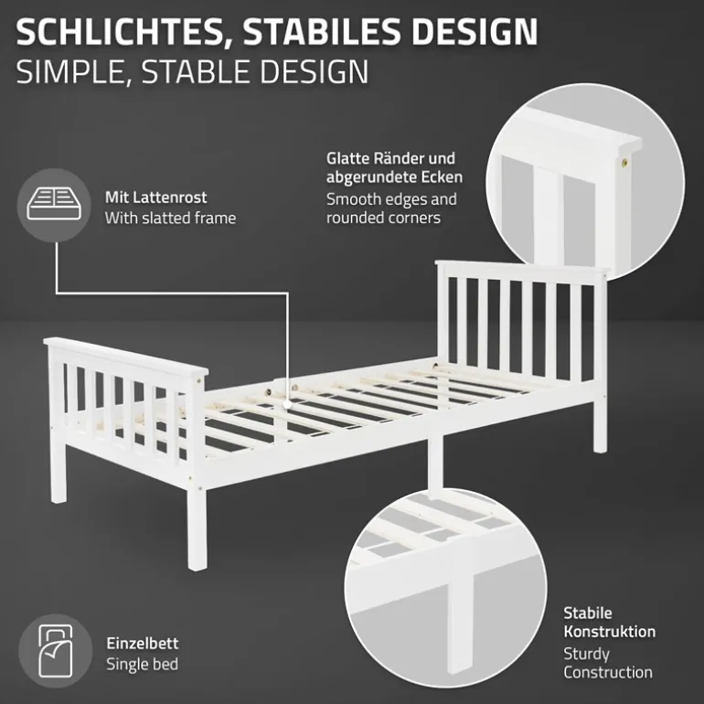 Bettgestell Einzelbett 90x200cm aus Kiefernholz in Weiß Lattenrost & Matratze H-16cm ML-Design
