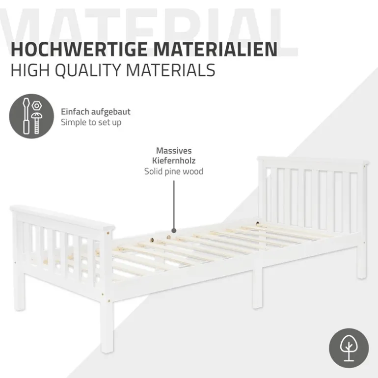 Bettgestell Einzelbett 90x200cm aus Kiefernholz in Weiß Lattenrost & Matratze H-16cm ML-Design