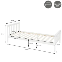 Bettgestell Einzelbett 90x200cm aus Kiefernholz in Weiß Lattenrost & Matratze H-16cm ML-Design