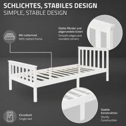 Bettgestell Einzelbett 90x200cm aus Kiefernholz in Weiß mit Lattenrost ML-Design