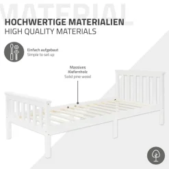Bettgestell Einzelbett 90x200cm aus Kiefernholz in Weiß mit Lattenrost ML-Design