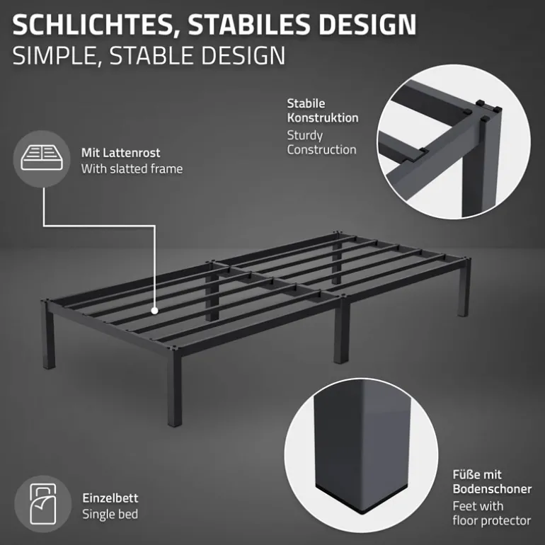 Bettgestell Einzelbett 90x200cm aus Metall in Anthrazit mit Lattenrost & Matratze H-10cm ML-Design