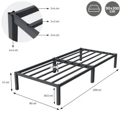 Bettgestell Einzelbett 90x200cm aus Metall in Anthrazit mit Lattenrost & Matratze H-10cm ML-Design