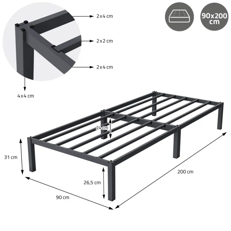 Bettgestell Einzelbett 90x200cm aus Metall in Anthrazit mit Lattenrost & Matratze H-10cm ML-Design