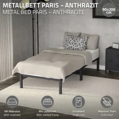 Bettgestell Einzelbett 90x200cm aus Metall in Anthrazit mit Lattenrost & Matratze H-16cm ML-Design