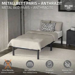 Bettgestell Einzelbett 90x200cm aus Metall in Anthrazit mit Lattenrost ML-Design