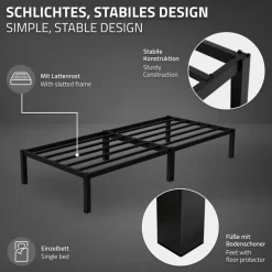 Bettgestell Einzelbett 90x200cm aus Metall in Schwarz mit Lattenrost & Matratze H-10cm ML-Design