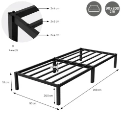 Bettgestell Einzelbett 90x200cm aus Metall in Schwarz mit Lattenrost & Matratze H-10cm ML-Design
