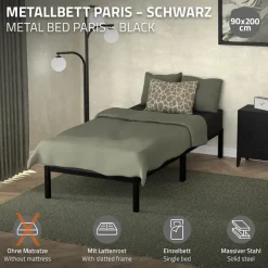 Bettgestell Einzelbett 90x200cm aus Metall in Schwarz mit Lattenrost ML-Design