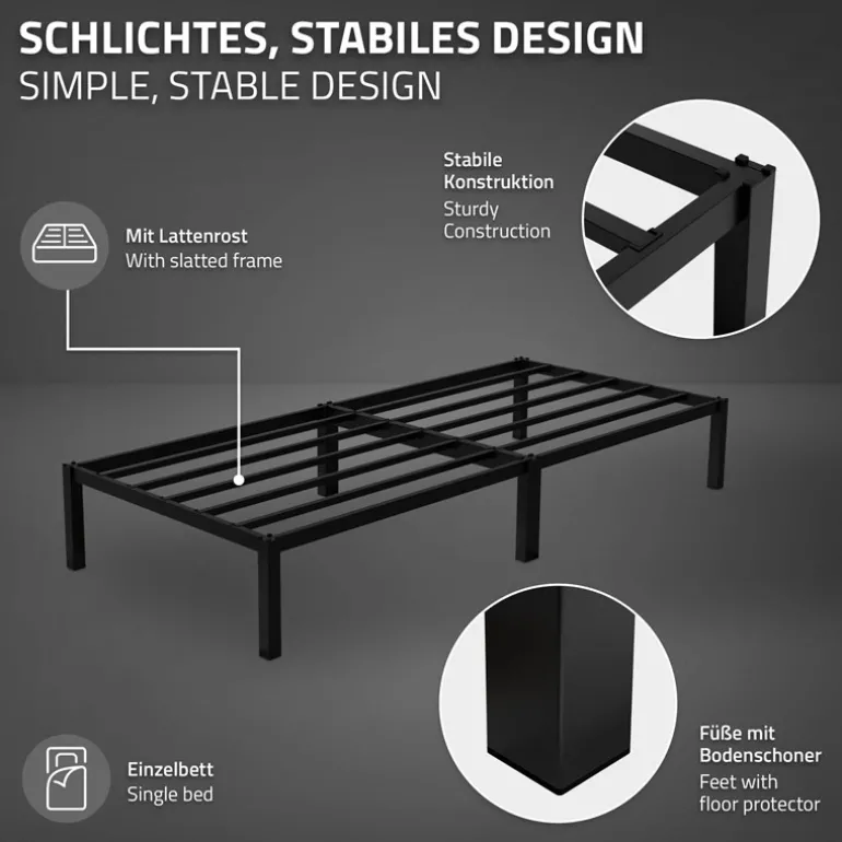 Bettgestell Einzelbett 90x200cm aus Metall in Schwarz mit Lattenrost ML-Design