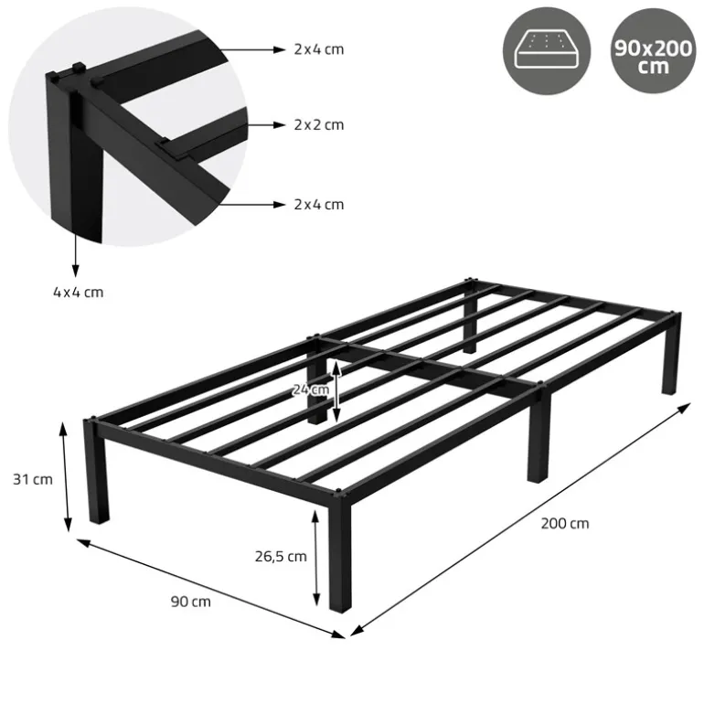 Bettgestell Einzelbett 90x200cm aus Metall in Schwarz mit Lattenrost ML-Design