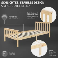 Bettgestell Einzelbett 90x200cm aus Kiefernholz in Natur mit Lattenrost & Matratze H-10cm ML-Design