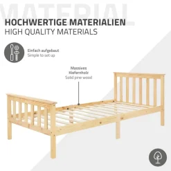 Bettgestell Einzelbett 90x200cm aus Kiefernholz in Natur mit Lattenrost & Matratze H-10cm ML-Design