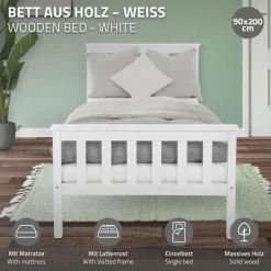Bettgestell Einzelbett 90x200cm aus Kiefernholz in Weiß Lattenrost & Matratze H-10cm ML-Design