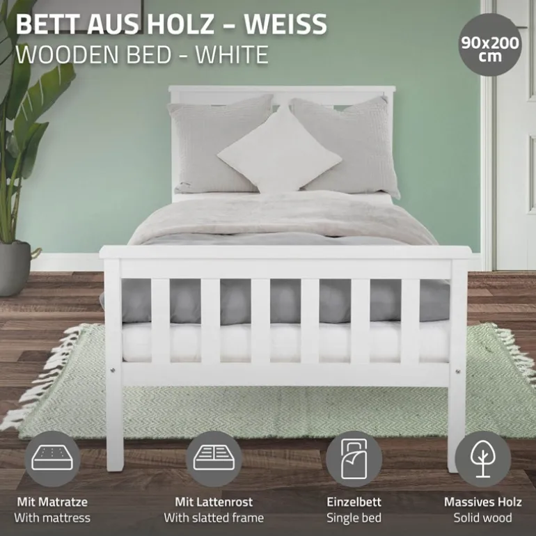 Bettgestell Einzelbett 90x200cm aus Kiefernholz in Weiß Lattenrost & Matratze H-10cm ML-Design