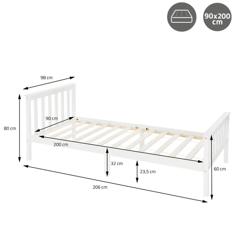 Bettgestell Einzelbett 90x200cm aus Kiefernholz in Weiß Lattenrost & Matratze H-10cm ML-Design
