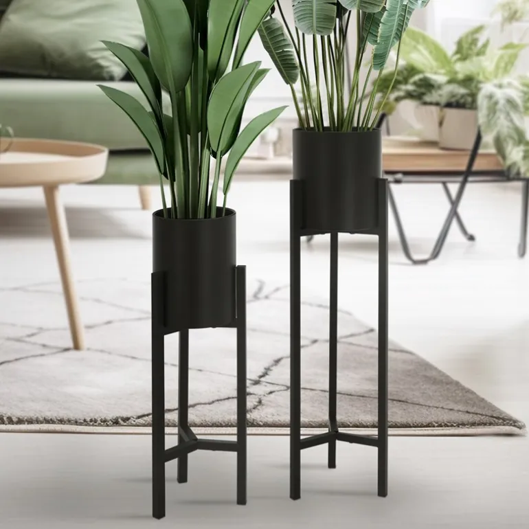 Blumenständer 2er Set mit herausnehmbarem Blumentop rund Schwarz aus Metall ML-Design