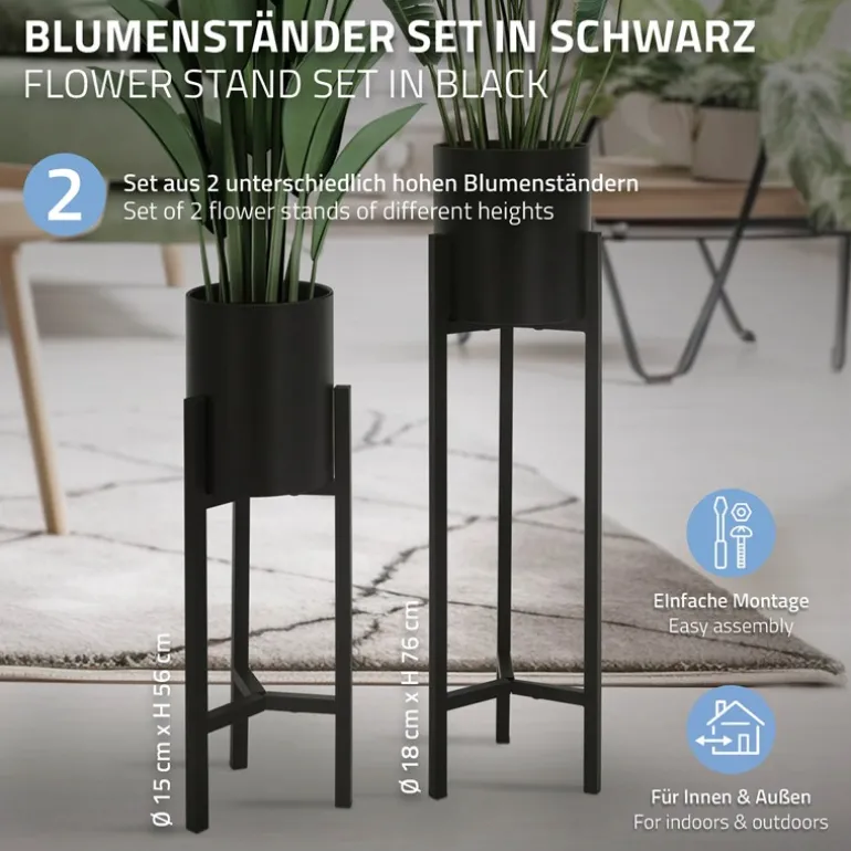 Blumenständer 2er Set mit herausnehmbarem Blumentop rund Schwarz aus Metall ML-Design