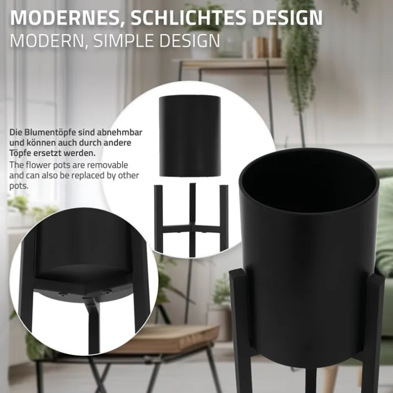 Blumenständer 2er Set mit herausnehmbarem Blumentop rund Schwarz aus Metall ML-Design