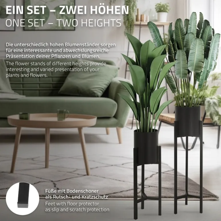 Blumenständer 2er Set mit herausnehmbarem Blumentop rund Schwarz aus Metall ML-Design