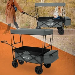 Bollerwagen faltbar mit Dach und Tasche Grau belastbar bis 80 kg HAUKI