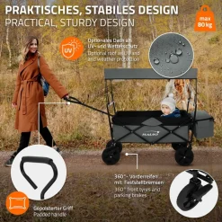 Bollerwagen faltbar mit Dach und Tasche Grau belastbar bis 80 kg HAUKI