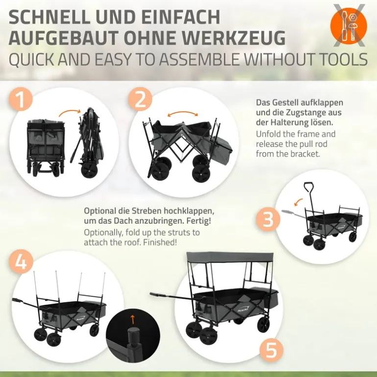 Bollerwagen faltbar mit Dach und Tasche Grau belastbar bis 80 kg HAUKI