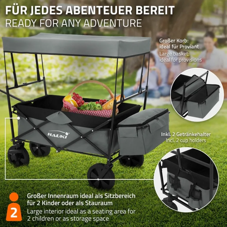 Bollerwagen faltbar mit Dach und Tasche Grau belastbar bis 80 kg HAUKI