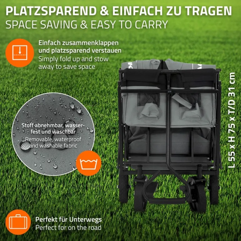Bollerwagen faltbar mit Dach und Tasche Grau belastbar bis 80 kg HAUKI