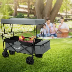 Bollerwagen faltbar mit Dach und Tasche Grau belastbar bis 80 kg HAUKI