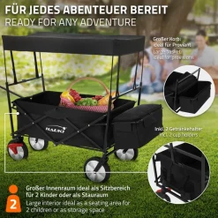 Bollerwagen faltbar mit Dach und Tasche Schwarz belastbar bis 80 kg Hauki
