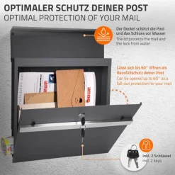 Briefkasten mit Zeitungsfach 37x36,5x11 cm Anthrazit aus Stahl