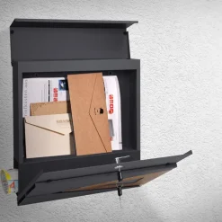 Briefkasten mit Zeitungsfach 37x36,5x11 cm Anthrazit/Holzoptik aus Stahl ML-Design