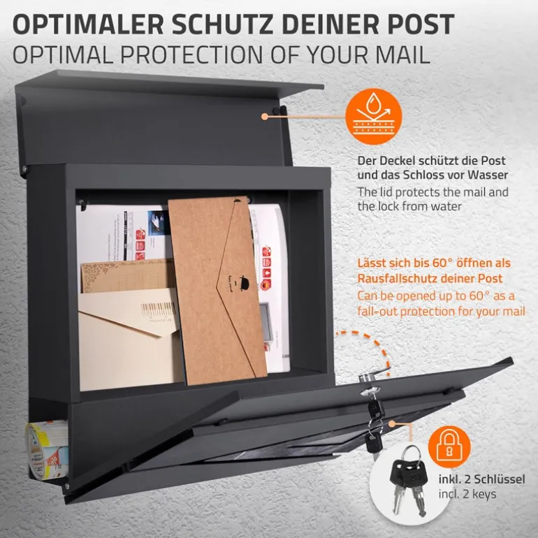 Briefkasten mit Zeitungsfach 37x36,5x11 cm Anthrazit/Schwarz-Marmoroptik aus Stahl ML-Design, Modernes Dreieckiges Design