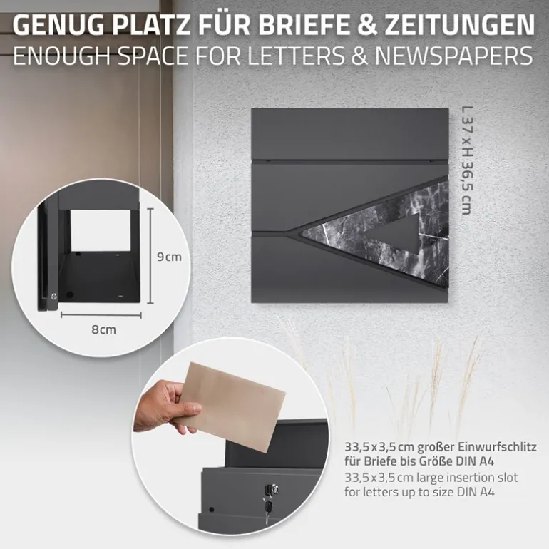 Briefkasten mit Zeitungsfach 37x36,5x11 cm Anthrazit/Schwarz-Marmoroptik aus Stahl ML-Design, Modernes Dreieckiges Design