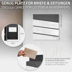 Briefkasten mit Zeitungsfach 37x36,5x11 cm Anthrazit/Weiß-Marmoroptik aus Stahl ML-Design, Modernes Diagonales Design