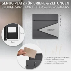 Briefkasten mit Zeitungsfach 37x37x11 cm Anthrazit/Silber aus Edelstahl ML-Design
