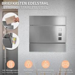 Briefkasten mit Zeitungsfach 37x10,5x36,5 cm Silber aus Edelstahl