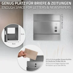 Briefkasten mit Zeitungsfach 37x10,5x36,5 cm Silber aus Edelstahl