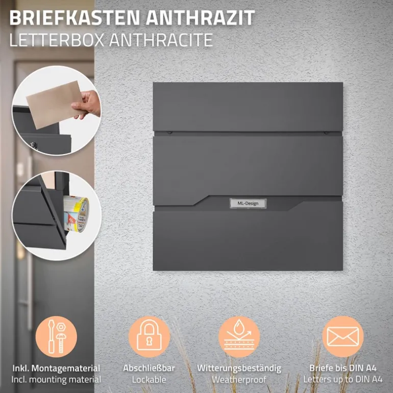 Briefkasten mit Zeitungsfach 37x11x36,5 cm Anthrazit aus Edelstahl