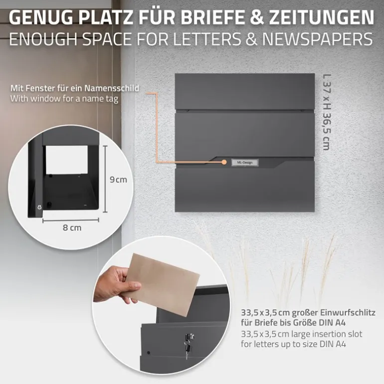 Briefkasten mit Zeitungsfach 37x11x36,5 cm Anthrazit aus Edelstahl
