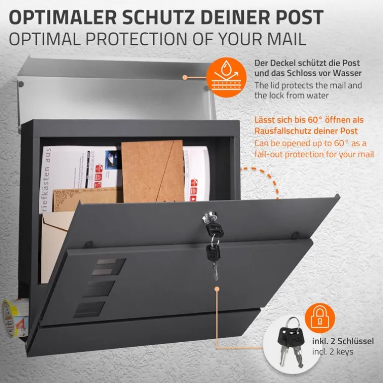 Briefkasten mit Zeitungsfach 37x36,5x10,5 cm Anthrazit/Silber aus Stahl
