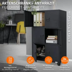 Büroschrank mit drei Ebenen Magnetverschluss 75x40x120 cm Anthrazit aus Stahl ML-Design