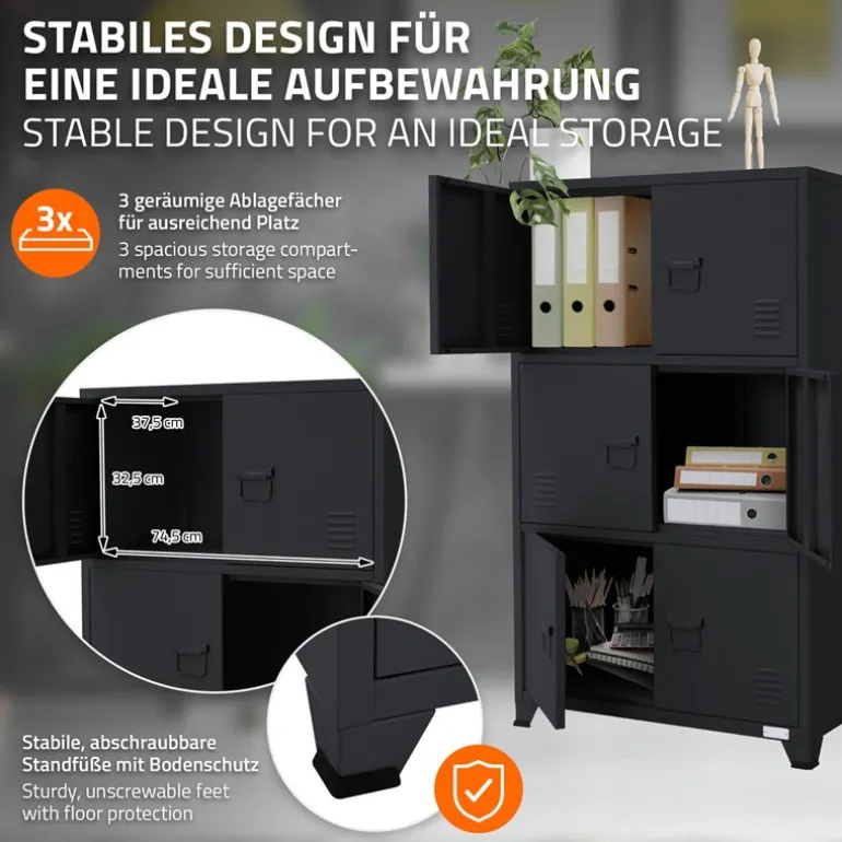 Büroschrank mit drei Ebenen Magnetverschluss 75x40x120 cm Anthrazit aus Stahl ML-Design