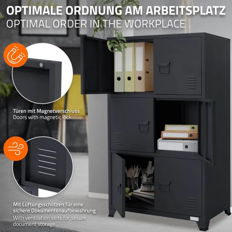 Büroschrank mit drei Ebenen Magnetverschluss 75x40x120 cm Anthrazit aus Stahl ML-Design