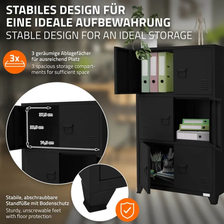 Büroschrank mit drei Ebenen Magnetverschluss 75x40x120 cm Schwarz aus Stahl ML-Design