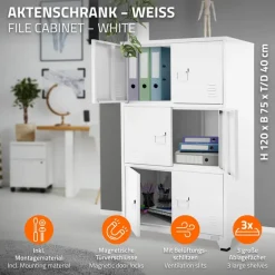 Büroschrank mit drei Ebenen Magnetverschluss 75x40x120 cm Weiß aus Stahl ML-Design