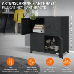 Büroschrank mit zwei Ebenen Magnetverschluss 75x40x80,5 cm Anthrazit aus Stahl ML-Design