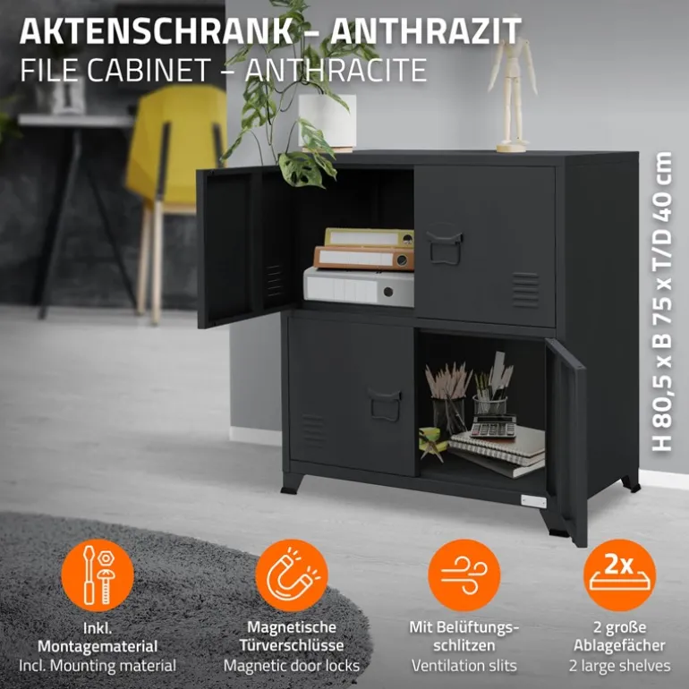 Büroschrank mit zwei Ebenen Magnetverschluss 75x40x80,5 cm Anthrazit aus Stahl ML-Design
