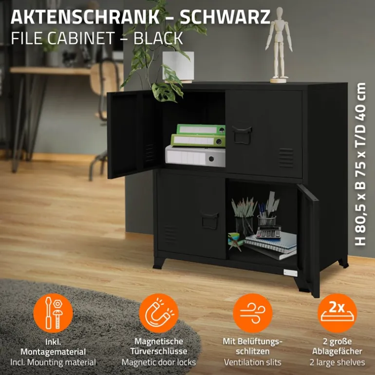 Büroschrank mit zwei Ebenen Magnetverschluss 75x40x80,5 cm Schwarz aus Stahl ML-Design